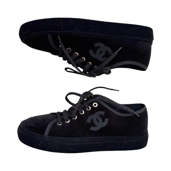 Chanel black velour CC sneakers size 37.5 - Picture 3 of 8